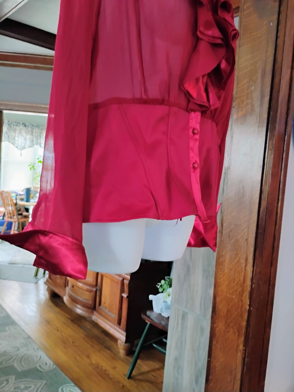 Ashley Stewart Ruffle-Front Sheer Blouse in Deep Red - Picture 13 of 14